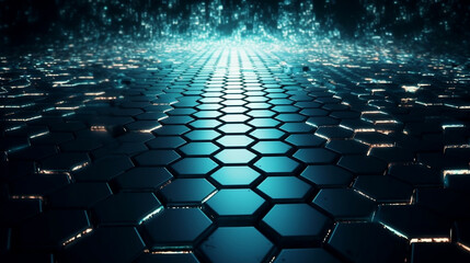 Naklejka premium Abstract hexagonal geometric ultra wide background. Structure of lots of hexagons of carbon fiber with bright energy light breaking through the cracks. Generative ai.