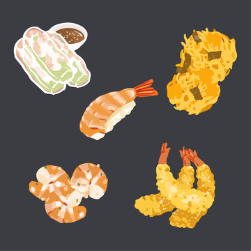 Shrimp spring rolls, ebi nigiri, tempura, drunken shrimp, ukoy. Hand drawn watercolor vector illustration