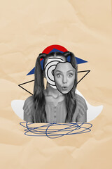 Sketch artwork collage template of unusual girl weird face impressed shocked interesting...