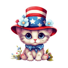 4th of July Floral Cat Sublimation, 4th of July Watercolor Cat Clipart. Red, Blue and White Watercolor Flowers, Watercolor Patriotic Clipart
