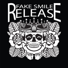 skull king Vecktor design illustration with fake smile and rose flower for t-shirt