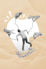 Composite collage image of hands manipulate control headless man puppet guy worker stressed surreal...