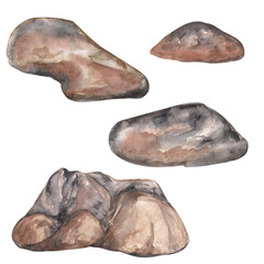 set of brown, wet sea stones watercolor illustration isolated on transparent background