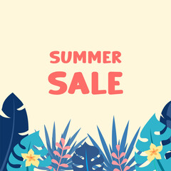 Banner with empty space for text. Summer design template with tropical leaves