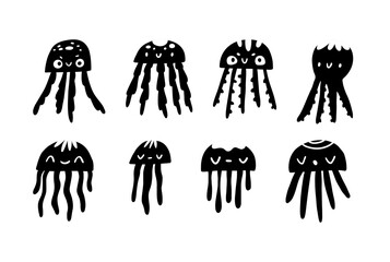 Set with linear silhouettes of jellyfish of different shapes. Cute cartoon flat characters. Childish naive vector illustration on white background. Coloring book