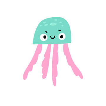 Cute cartoon jellyfish with pink tentacles. Happy flat character. Childish naive vector illustration on white background.