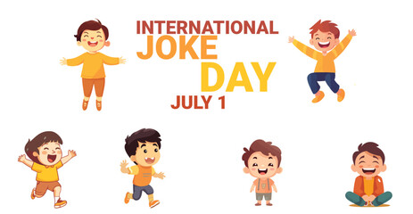laugh kid or child with bold text isolated on white background. boy and girl. running and jump. playing.  to celebrate international joke day on july 1. vector eps set