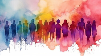 Abstract watercolor illustration of people with rainbow lgbt pride parade concept. Generative ai.