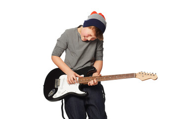 Electric, guitar and boy teenager with energy on isolated, transparent and png background. Music,...