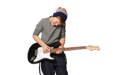 Electric, guitar and boy teenager with energy on isolated, transparent and png background. Music, passion and teenage male punk playing instrument, metal or rock, aesthetic and fun creative hobby