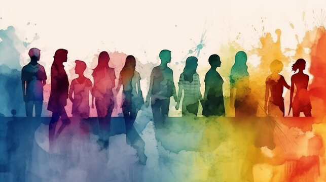 Abstract watercolor illustration of people with rainbow lgbt pride parade concept. Generative ai. - Powered by Adobe