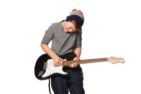 Electric, guitar and boy teenager with energy on isolated, transparent and png background. Music, passion and teenage male punk playing instrument, metal or rock, aesthetic and fun creative hobby