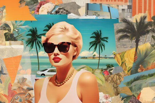 Women on vacation adorned with unconventional and trendy art paper collage designs. sea trip. generative ai