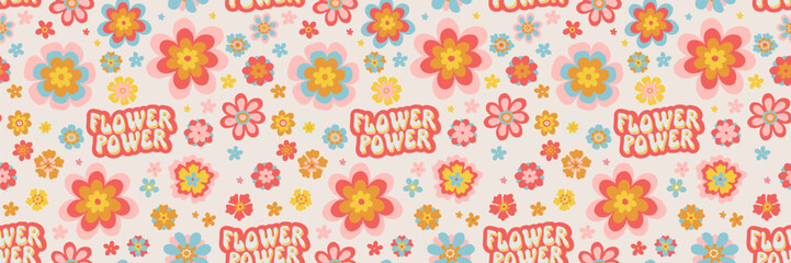Vector etro groovy psychedelic seamless daisy pattern. Cool bold retro flower illustrations and psychedelic Flower Power lettering background. Positive vibes funky hippie vintage floral digital paper