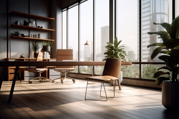 Fototapeta premium an office with wood desks and glass walls, in the style of high detailed, grey academia, wood, photo-realistic landscapes, vintage minimalism, light silver and light brown