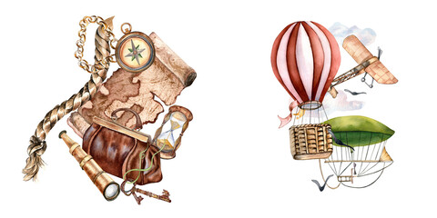 Composition of adventure items, hot air balloon watercolor illustration isolated on white. Compass, spyglass, map, handbag, aircraft hand drawn. Childish design, print for boy's, vintage postcard