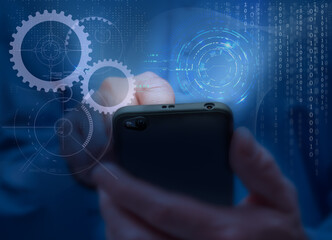 Man in blue shirt holds mobile phone. Symbols and icons of mobile internet, social networks, emails, cloud storage, multimedia services and so on. Mobile communication network concept