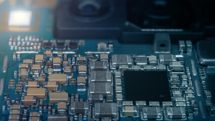 Macro shot of the smartphone's main board with the camera unit and CPU  in the foreground