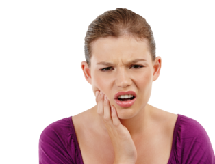 Face touch, pain and woman with toothache isolated on a transparent png background. Portrait, dental injury and sick person with gum disease problem, teeth cavity or frustrated with medical emergency