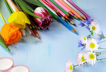 Colour pencils and schools paints with flowers Art lessons or hobbyist concept. Generative AI