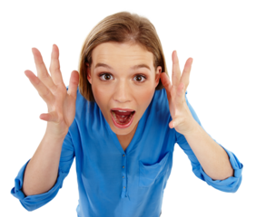 Wow, portrait and shocked woman isolated on transparent, png background for news, sale or winning. Face of person, model or winner shout for retail surprise, giveaway celebration and crazy discount