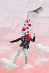Vertical collage image of black white effect arm fingers hold flowers instead dancing mini person...