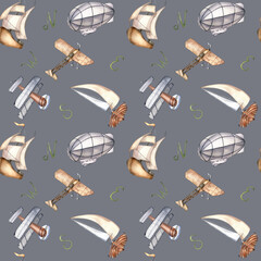 Sailing ship, air balloon, airplane watercolor seamless pattern isolated on blue. Boat, aircraft, vessel, aerostat hand drawn. Print for boy, wrapping, textile, vintage style wallpaper, background
