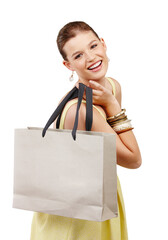 Happy woman, portrait smile and shopping bag in sale or discount isolated on a transparent PNG...