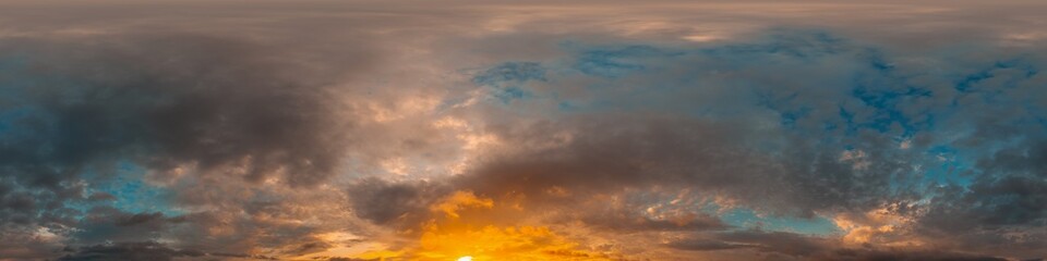 Sunset sky panorama with bright glowing pink Cumulus clouds. HDR 360 seamless spherical panorama. Full zenith or sky dome in 3D, sky replacement for aerial drone panoramas. Climate and weather change.