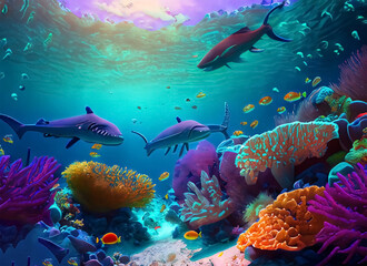 Fototapeta na wymiar fantasy concept showing a great barrier reef australia a colorful array of underwater wildlife. Generative AI