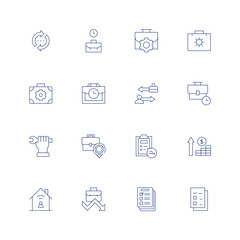Work line icon set on transparent background with editable stroke. Containing work in progress, working hours, travel, work time, wrench, work, list, money, work from home, employment, survey, file.
