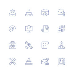 Work line icon set on transparent background with editable stroke. Containing opportunity, scheme, portfolio, briefcase, work in progress, time, work, target, work from home, wrench, shopping list.