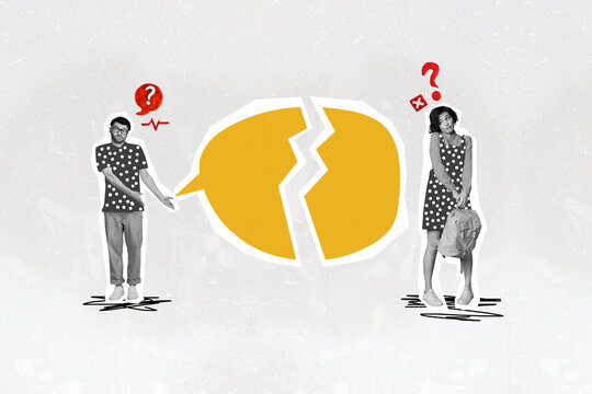 Photo sketch collage picture of uncertain doubtful couple having relationship problems isolated grey color background