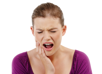 Toothache, pain and woman with a cavity, dental hygiene and facial expression isolated on a transparent background. Female person, medical issue or model with oral care, plaque and png with a problem