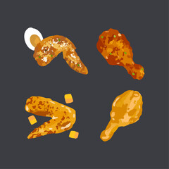 Korean style fried chicken.Suitable for meals and snacks. Hand drawn watercolor vector illutration