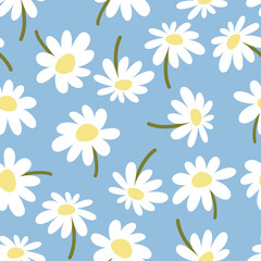 Chamomile seamless pattern. Hand drawn textured white flowers on blue background. Cute floral allover print. Summer daisy pattern