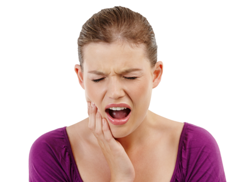 Toothache, pain and woman with a cavity, dental hygiene and facial expression isolated on a transparent background. Female person, medical issue or model with oral care, plaque and png with a problem