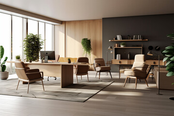 Fototapeta premium an office with wood desks and glass walls, in the style of high detailed, grey academia, wood, photo-realistic landscapes, vintage minimalism, light silver and light brown