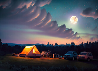 Fototapeta na wymiar Moody sky above camping at night. Generative AI