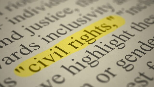 Fictional newspaper article about inclusive civil rights and lgbtq+ equality, highlighting the words "civil rights", close-up view with camera scroll (3d render)