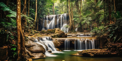 Fototapeta premium Panoramic beautiful deep forest waterfall in Thailand, Generative AI