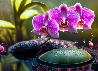orchid in zen garden with droplet on pond. Generative AI
