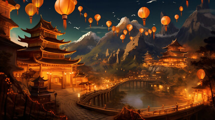 Fototapeta na wymiar Beautiful fantasy mountain chinese town