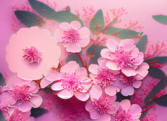 Spring flowers background with pink blossom. Generative AI