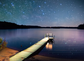 Stars over Lake in Maine with Dock. Generative AI