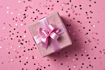 beautiful present with pink ribbon and confetti on the pink background created with AI generative tools