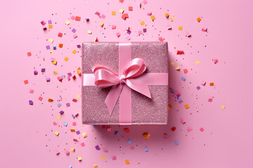 beautiful present with pink ribbon and confetti on the pink background created with AI generative tools