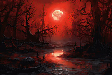 spooky halloween forest at night, moonlight, red sky and dead trees, Generative AI