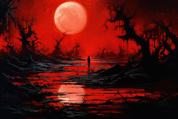 horror halloween background, blood red river and dead trees in a swamp, Generative AI