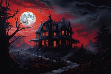 Fototapeta na wymiar halloween night scene with a haunted mansion, blood red sky and ominous clouds, Generative AI
